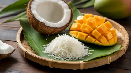 coconut fruit display Fresh tropical ingredients featuring sliced mango, grated coconut, and rice on a woven platter.