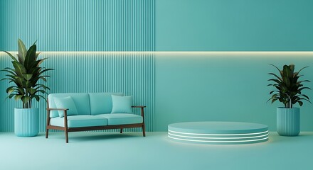 Modern interior design render with sofa plants and illuminated display stand