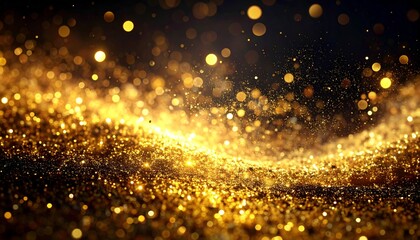Abstract gold particles floating on dark background with bokeh light
