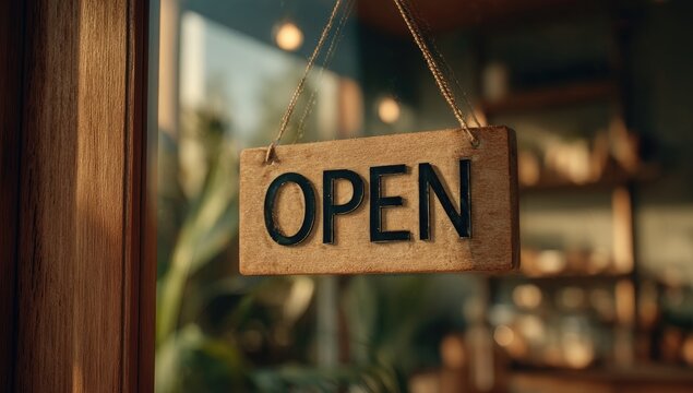 Open shop sign hanging on window - Powered by Adobe