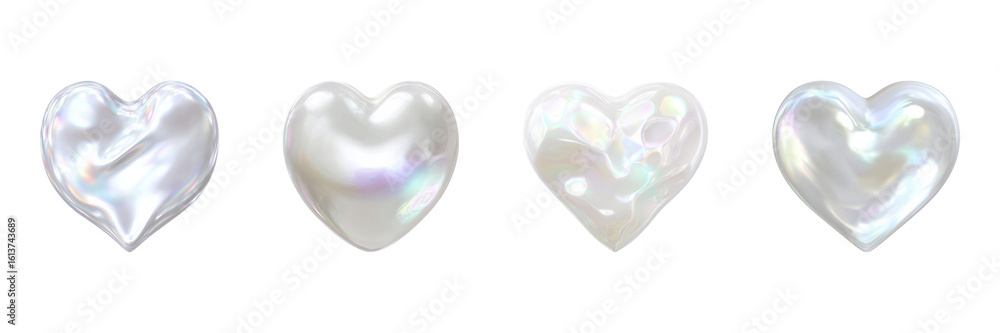 Poster iridescent heart shapes set. romantic and decorative design elements collection isolated on transpar