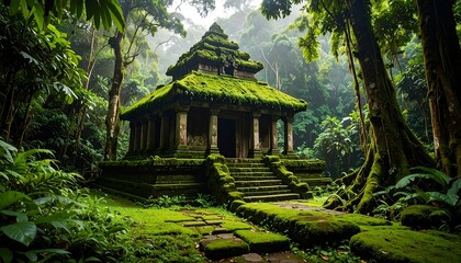 Mossy ancient temple in forest