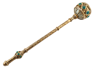 Ornate Golden Scepter with Emerald Accents and Intricate Detailing isolated on a transparent background