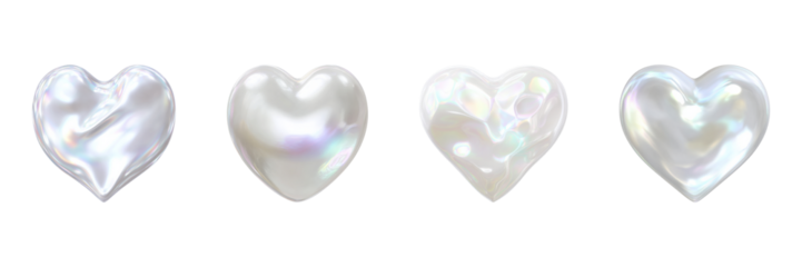 Iridescent Heart Shapes Set. Romantic And Decorative Design Elements Collection Isolated On Transparent Background