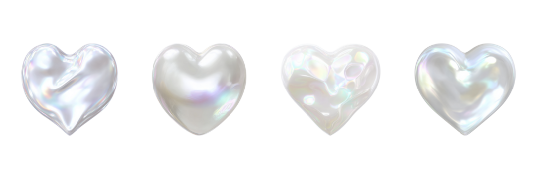 Iridescent Heart Shapes Set. Romantic And Decorative Design Elements Collection Isolated On Transparent Background