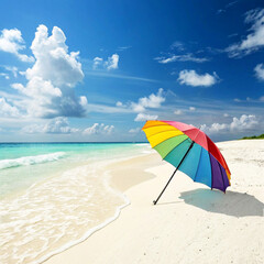 Colorful beach umbrella on the sand near the sea on a sunny summer day.