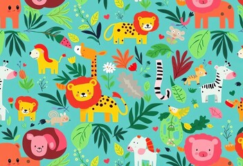 Whimsical repeating pattern featuring playful jungle animals in vibrant colors,  cartoon,  surface pattern