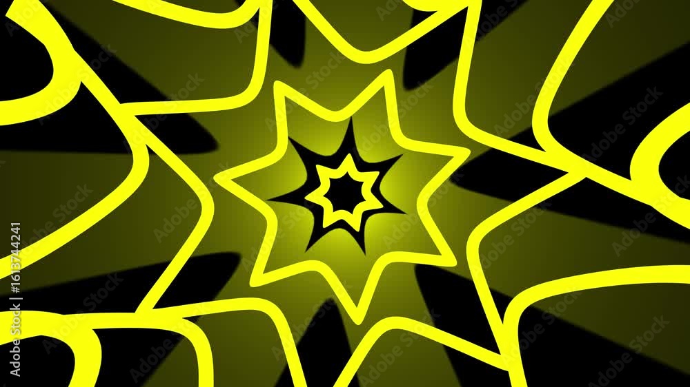 Poster dynamic yellow starburst tunnel: abstract geometric animation with pulsating light