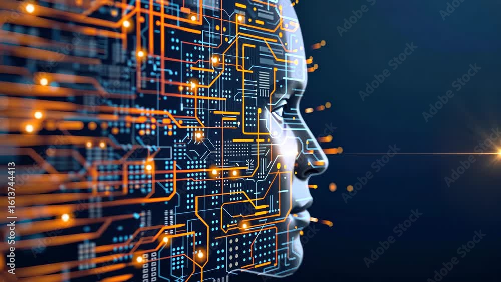 Poster this content presents a futuristic ai display, merging human traits with intricate circuitry to emph