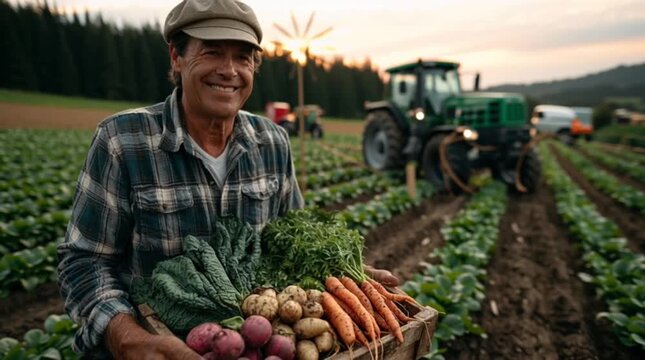 a smiling farmer holding a basket of freshly harvested vegetables in a lush field, with a tractor in the background. The farmer's expression reflects pride in his work.