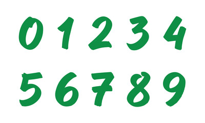 0 to 9 Numbers Set. Hand Drawn brush lettering Number Digit Zero to Nine Numeric Letters in Green Color, Vector Art.