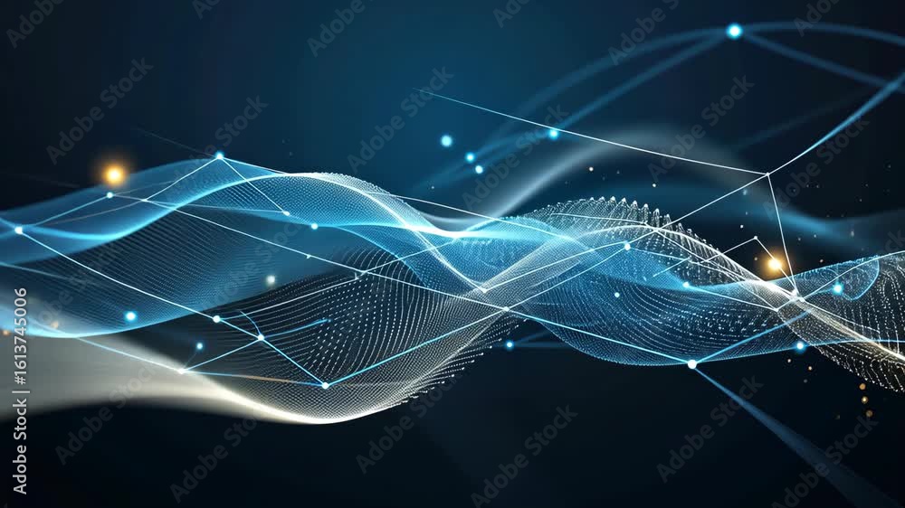 Poster experiencing mesmerizing waves of light and particles moving gracefully across a dark background, in