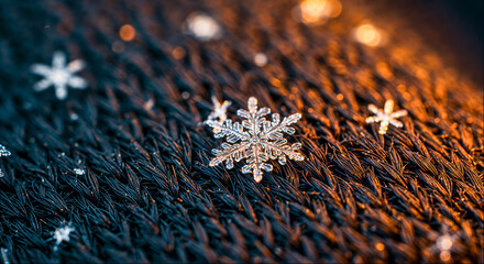Close-up view of intricate snowflakes on a dark textured surface during winter season
