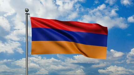 Armenia's vibrant flag waving proudly against a clear blue sky with fluffy clouds, a symbol of national pride and freedom.