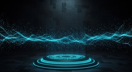 A futuristic platform glows with blue light, surrounded by particles and abstract digital elements in a dark environment.
