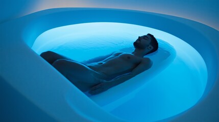 A young man swims calmly in a blue-lit sensory deprivation tub for deep relaxation, stress relief and meditation at a modern Wellness spa