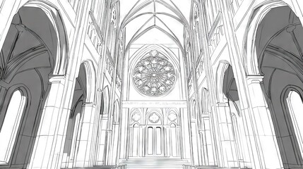   A monochrome sketch of a grandiose cathedral featuring a massive clock on its facade