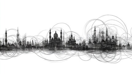 Obraz premium A monochrome image of a sprawling metropolis featuring numerous ascending structures