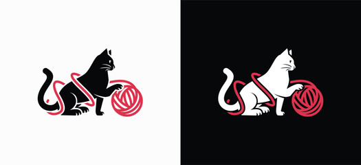 Vector design illustration of a cat silhouette playing with a ball of wool yarn