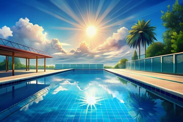 Serene infinity swimming pool reflecting bright sun and fluffy clouds under a clear blue sky