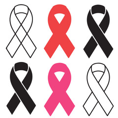 Breast cancer awareness Ribbon Icons silhouettes Set Black and White Line Art,