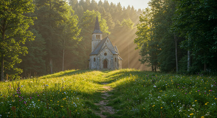 Sunlight filters through trees, illuminating a small stone chapel in a meadow surrounded by wildflowers in the forest during early morning