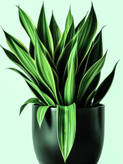 Sansevieria long striped leaves in big black pot. Indoor decorative plant with unusual foliage. Potted leaf herb isolated on white