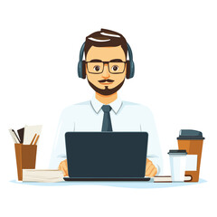 Businessman working on laptop wearing headphones vector illustration isolated on white background online education studying working from home concept for web