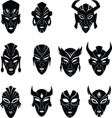 Traditional & Tribal Masks Vector Set: Ancient, African, and Fantasy Faces – Illustrations for Cultural Events, Art, Gaming, and Mystical Projects.