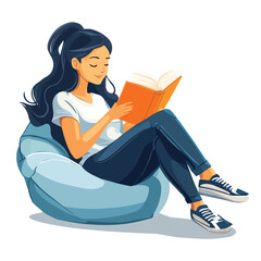 Young woman reading book sitting on bean bag chair vector illustration isolated on white background concept for print web design banner poster sticker card and