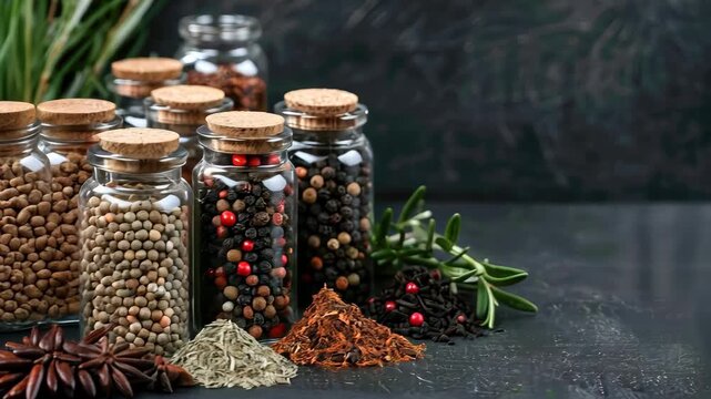 Jars filled with various spices and herbs create an inviting display, showcasing fragrant blends and natural ingredients ideal for cooking