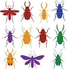 Colorful Insect & Bug Silhouettes: A Vibrant Collection of Vector Icons for Nature, Entomology, and Educational Designs, Featuring Beetles, Moths, and Other Insects in Various Hues.