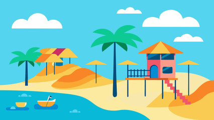 Obraz premium Tropical beach paradise with swaying palm trees, golden sand, and a clear blue ocean under the summer sun