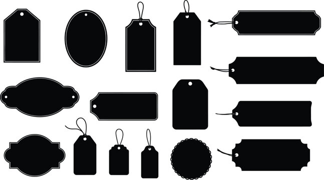 Vintage label shapes set on white background, design elements collection, different styles and forms of hanging price tags and badges, black silhouette vector illustration.
