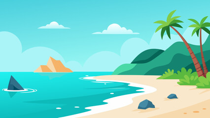 Obraz premium Tropical island beach with palm trees, sun, and blue ocean waves