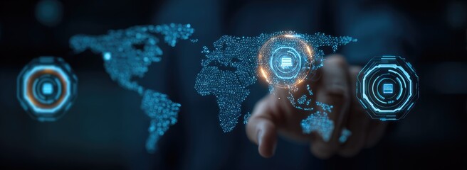 Holographic world map with glowing interface elements