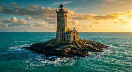 Lighthouse on rocky island surrounded by ocean waves at sunset in a coastal location