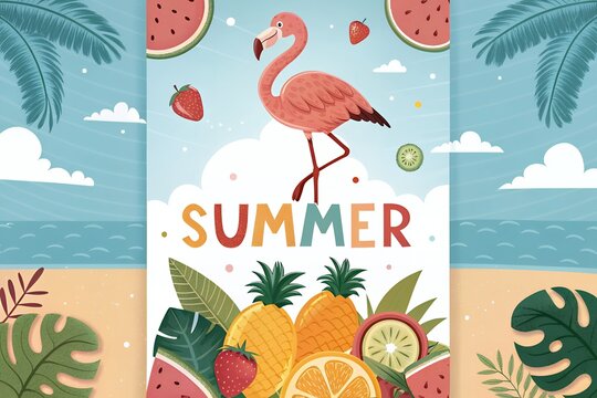Vibrant summer celebration with flamingo and tropical fruits under palm trees