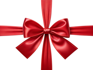 A detailed digital illustration of a satin red ribbon tied into a classic bow isolated on a transparent background