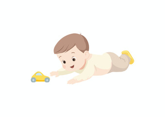 Cute Baby Boy Playing with Toy Car Vector Illustration Isolated on White Background Perfect for Baby Products Kids Fashion and Nursery Decor