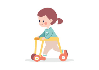 Cute little baby girl learning to walk using a walker isolated illustration vector graphic design concept for print web design banner poster card and textile