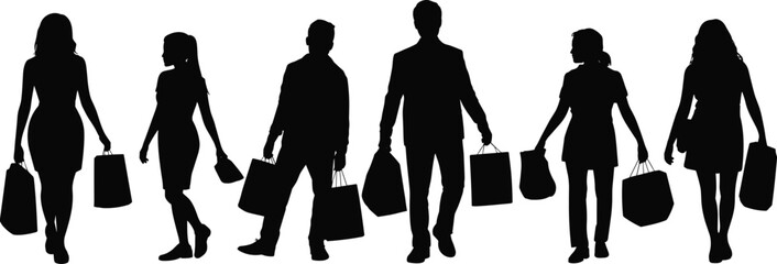 Silhouette of people carrying shopping bags, man and woman walking, retail consumer concept, black shadow figures in motion, commercial lifestyle, shopping crowd
