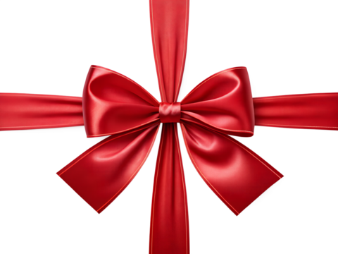 A detailed digital illustration of a satin red ribbon tied into a classic bow isolated on a transparent background - Powered by Adobe