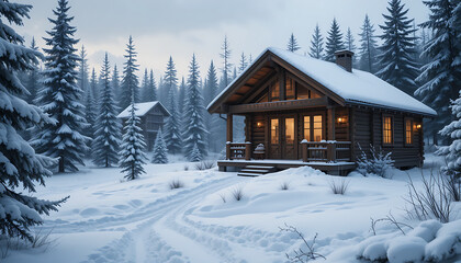 Fototapeta premium Cozy wooden cabin with a lit interior, nestled in a peaceful snowy forest landscape