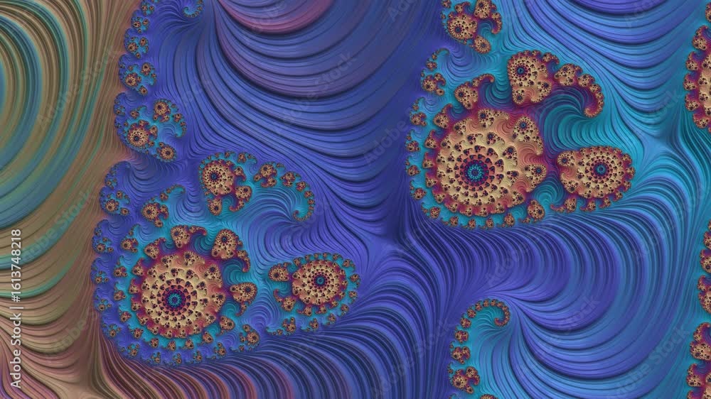 Poster slow fractal spiral with swirling abstract patterns and deep earthy colors in endless motion