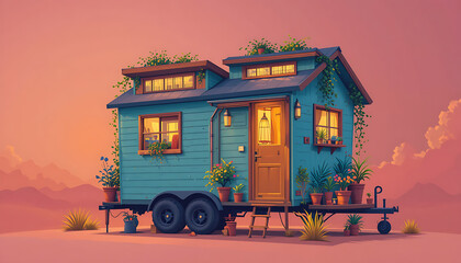 Obraz premium Cozy tiny house on wheels with a warm interior light and potted plants on a trailer.