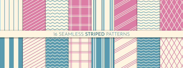 Seamless striped pattern set with thin lines. Retro abstract backgrounds.