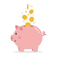 Cute piggy bank with gold coins sparkling