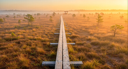 Wooden pathway leading through foggy marshland at sunrise with sparse trees in the background