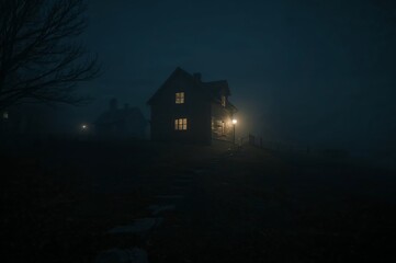 Mysterious Victorian house shrouded in thick dark fog at night